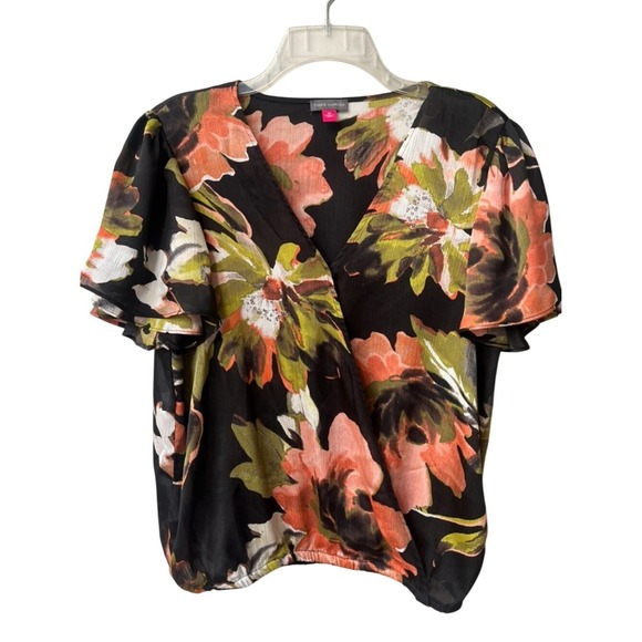 Vince Camuto Tops - Vince Camuto Black Floral Wrap Style V Neck Short Sleeve Blouse Womens Medium